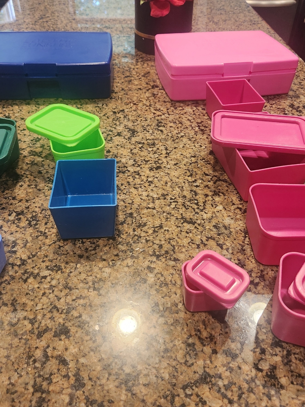 2 Plastic Bento Boxes Stackable Storage Cups & Boxes - Pink, Blue, Green